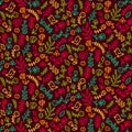 Spring seamless pattern in vector with flower, bird, snail, butterfly, ladybug, leaf, heart. Floral background.