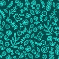 Spring seamless pattern in vector with flower, bird, snail, butterfly, ladybug, leaf, heart. Floral background. Royalty Free Stock Photo