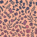 Spring seamless pattern in vector with flower, bird, snail, butterfly, ladybug, leaf, heart. Floral background.