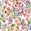 Spring season art background. Watercolor blooming flower, sakura blossom, tree branches, colorful leaves. Floral seamless pattern Royalty Free Stock Photo