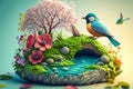 Spring season concept. 3D bird in nature with tree flower river and mountain background. Generative ai