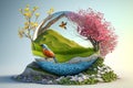 Spring season concept. 3D bird in nature with tree flower river and mountain background. Generative ai