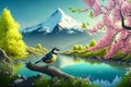 Spring season concept. 3D bird in nature with tree flower river and mountain background. Generative ai