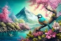 Spring season concept. 3D bird in nature with tree flower river and mountain background. Generative ai