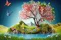 Spring season concept. 3D butterfly in nature with tree flower river and mountain background. Generative ai