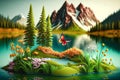 Spring season concept. 3D bird in nature with tree flower river and mountain background. Generative ai