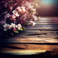 Spring season flowering plant branches with wooden table stand, floral background - AI generated image Royalty Free Stock Photo