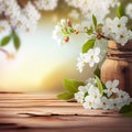 Spring season flowering plant branches with wooden table stand, floral background - AI generated image Royalty Free Stock Photo