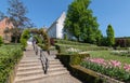 Public park with stairs and a beautiful landscaped garden in the village center of Heist-op-den-Berg Royalty Free Stock Photo