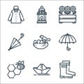 Spring season line icons. linear set. quality vector line set such as boots, paper boat, bees, umbrella, bride, umbrella, flower,