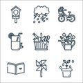 spring season line icons. linear set. quality vector line set such as plant, wind turbine, book, watering can, picnic, lemonade,