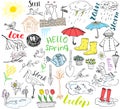 Spring season set doodles elements. Hand drawn sketch set with umbrella, rain, rubber boots, raincoat, flovers, garden tools, nest Royalty Free Stock Photo