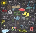 Spring season set doodles elements. Hand drawn sketch set with umbrella, rain, rubber boots, raincoat, flovers, garden tools, nest Royalty Free Stock Photo