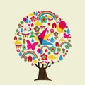 Spring season tree of colorful springtime icons