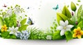 Spring seasonal background. Flowers and green plants on a white background. Free, empty copy space. Royalty Free Stock Photo