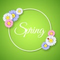 Spring seasonal banner. Paper round 3d frame. Multicolored realistic flowers on a green backdrop. Ladybug on a daisy. Vector Royalty Free Stock Photo