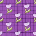 Spring seasonal nature seamless pattern with simple poppy flower silhouettes. Purple chequered background Royalty Free Stock Photo