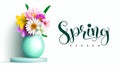 Spring seasonal vector design. Spring season text in white background space with lily, lotus and daisy flowers in flower vase. Royalty Free Stock Photo