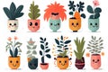 spring seedling Set of illustrations of plants in pots. Cartoon flat different indoor decorative houseplants with eyes and smile