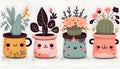 spring seedling Set of illustrations of plants in pots. Cartoon flat different indoor decorative houseplants with eyes