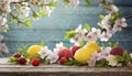 Spring Serenade. Whimsical Fruit and Flower Display on Wood.