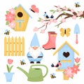 Set of vector elements on the theme of spring. Spring items. Collection of decorative elements. Royalty Free Stock Photo