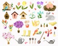 Spring set with with birds and flowers and gardening Royalty Free Stock Photo