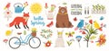 Spring set. Collection of cute animals, birds and insects, blooming flowers and floral decorations, bicycle isolated on