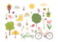 Spring Set Of Cute Birds, Flowers And Decorations. Poster, Card, Scrapbooking , Sticker Kit. Hand Drawn Illustration