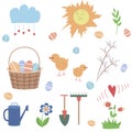 Spring set, drawn elements - flowers, birds, Easter basket. Vector illustration. Royalty Free Stock Photo