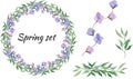 Spring set of floral patterns, ornaments and vector wreaths of delicate violet flowers and green leaves to decorate cards, Royalty Free Stock Photo