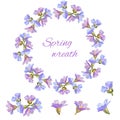 Spring set of floral patterns, ornaments and vector wreaths of delicate violet flowers to decorate cards, design greetings Royalty Free Stock Photo