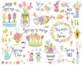 Spring set hand drawn elements flowers bird wreaths rabbit here Easter Cute vector illustration Typography spring quote Royalty Free Stock Photo