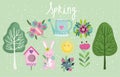 spring set trees rabbit flowers watering can bird house