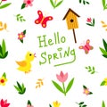 Spring set vector seamless pattern. Chicken, butterfly, flower, plant, twig, birdhouse seamless texture. Royalty Free Stock Photo