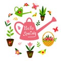 Spring set. Watering can, flowers, seedlings, plants, twigs and butterflies. Lettering Hello Spring. Flat design.