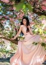Spring sexy fantasy woman sits on branch green tree blooming sakura flowers garden. Medieval girl vintage lady. pink Royalty Free Stock Photo