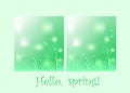 Spring light green backgrounds for web banner, Easter greeting card with grass, dandelions, dragonfly, bluebell and butterflies