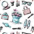 Spring Shopping Pattern. Accessories, Clothing and Fashion Elements. Vector