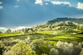 Jarní slovenská krajina. Přírodní pole s kvetoucími třešněmi. Unikátní ekologické hospodaření s půdou. Poľana, Hriňová, Slovensko