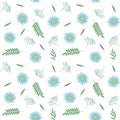 Spring small blue flowers green leaves branches pattern seamless