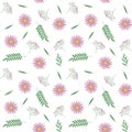 Spring small pink flowers green leaves branches pattern seamless