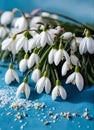 spring, spring snowdrops, happy spring day, for international women s day, on a blue plain background, isolated