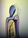 Spring in soul concept, shape of memories, man with open window and branch of tree growing inside, contemporary spring