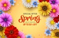 Spring special offer vector banner background with spring season sale text and colorful chrysanthemum
