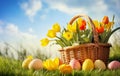 Spring Splendor: A Vibrant Easter Basket Overflowing with Colorful Eggs and Tulips!