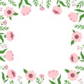 Spring square frame with flowers and twigs with space for text in the center. Simple plants, kids drawing for templates