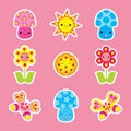 Spring sticker set with cute butterfly, mushroom and flower cartoon Royalty Free Stock Photo