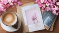 Spring still life composition. Greeting card mockup, marble tray, cup of coffee Al generated Royalty Free Stock Photo