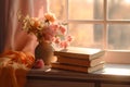 Spring still life scene. Old books, flowers in a vase. Vintage feminine styled photo. Floral composition with field Royalty Free Stock Photo